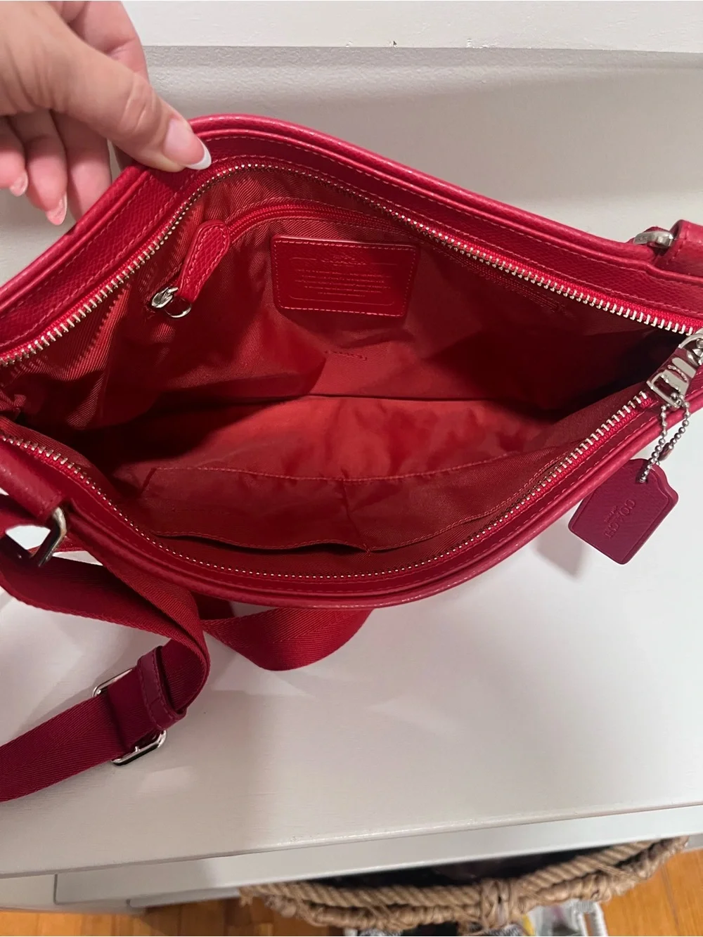 Coach Red Nylon Satchel Crossbody Bag with Red Leather Trim